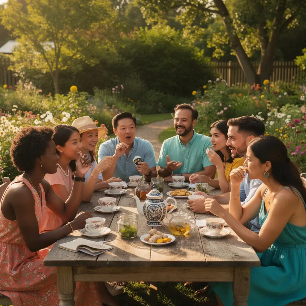 Teázás közbeni pillanat, ahol egy személy élvezi a gyógyító hatású italt, háttérben zöld növényekkel.