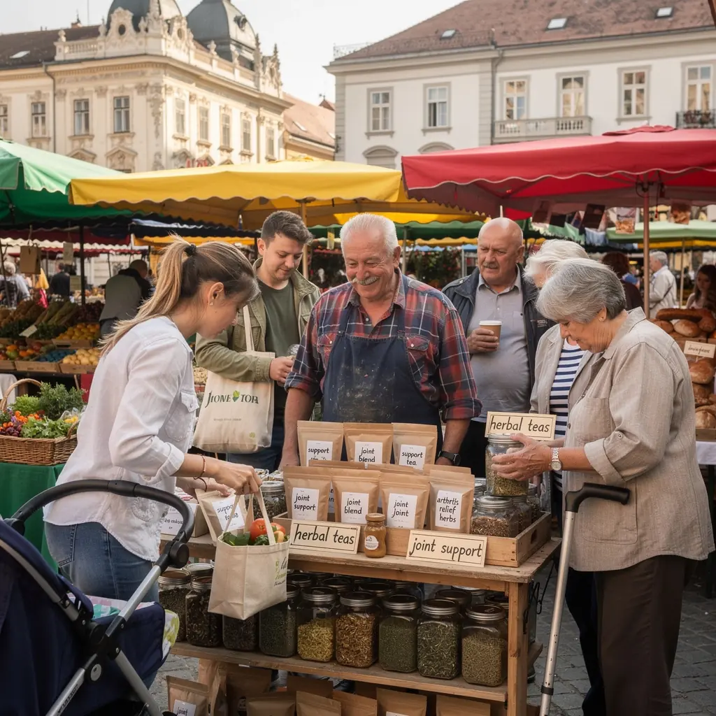 Ízületvédő teakeverékek bemutatója, színes csomagolásban, természetes összetevőkkel.